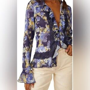 Free People Bad at Love Printed Ruffled Blouse Size XL